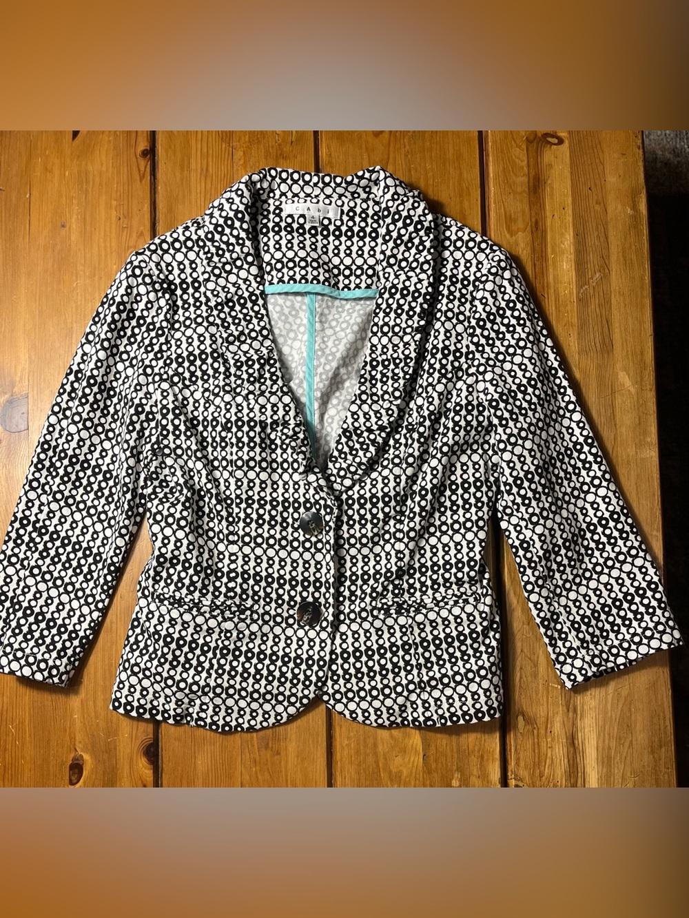 CAbi Black & White Circle-Print Shawl Collar Blazer with ruched back. Stretchy!